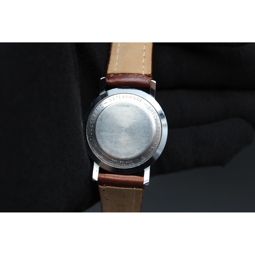 Vintage 1950s Benrus Mens Silver Sunburst Dial Brown Leather Strap Manual Wind - Picture 2 of 3